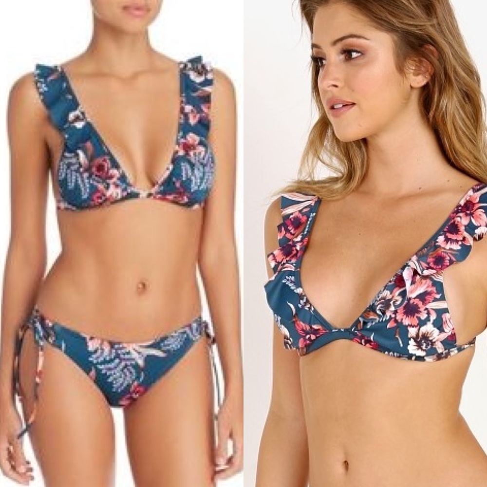 Tori Praver Blue Floral Ruffle Bikini